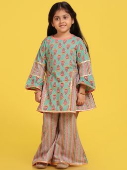 AJ Dezines - Kids Cotton Printed Bell Sleeves A-line Kurta Sharara For Girls (Set of 2)